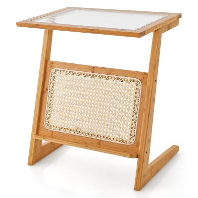 China Natural Color Z-Shaped Bamboo And Rattan End Table With Glass Top And Magazine Rack for sale