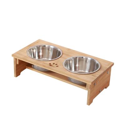 China Hollow Pattern Bamboo PET Feeder Stand Stainless Steel Bowls for Dog for sale