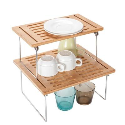 China Natural Bamboo Free Standing Shelf Stackable Kitchen Cabinet Organizer for sale