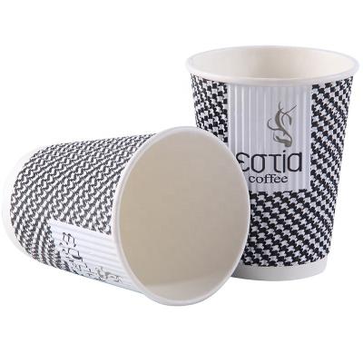 China Printed High Grade Recyclable Disposables Take Away Corrugated Insulated Hot Paper Cup 12oz Tripple Layer Drinks Coffee Milk Tea for sale