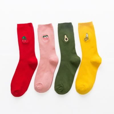 China Funny Socks J-587 Logo Cute Cartoon Fruit Print Customizable Korean Embroidery Banana QUICK DRY Cherry Peach Girls Crew Socks Long for sale