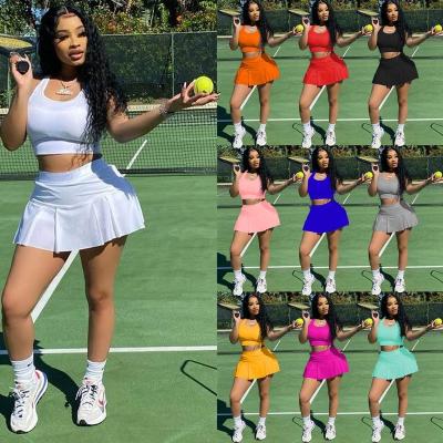 China J-466 XS-2XL Size Plus Tennis Skirt Shorts Joggers Top Summer Sweatpants Set Sportswear Crop Tank Skirt Two Piece Pleated Set for sale