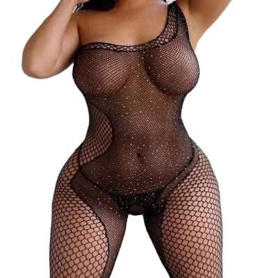 China Polyester A-326 new splicing one shoulder rhinestone fish crotch sexy lingerie underwear 1 piece set body net open stockings for women for sale