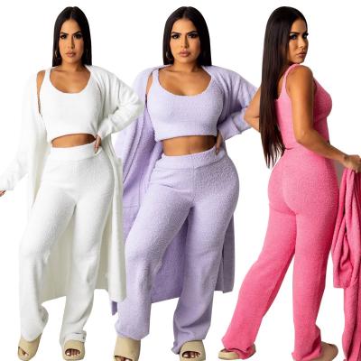 China B-005 QUICK DRY Women's Winter Wear 2021 Solid Color Fuzzy Ladies Three Piece Pant Casual Sets for sale