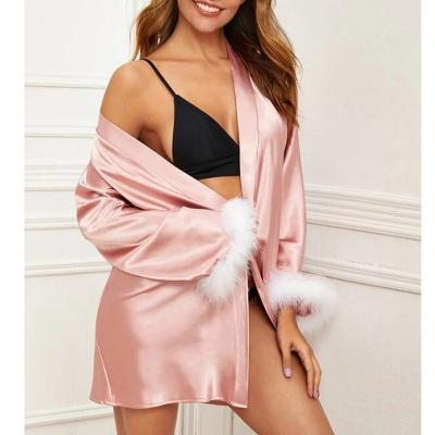 China C254-Contrast Feather QUICK DRY Cuff Belted Satin Robe Sexy Satin Women Bath Night Robe Sashes Ladies Pajamas Night Wear Sashes for sale