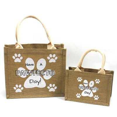 China Recyclable; Wholesale Reusable Custom Eco Friendly Printing Dog Paw Pattern Women Grocery Daily Use Jute Tote Burlap Bags for sale