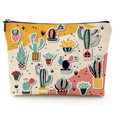 China Reusable; BSCI Durable Factory Recycled Eco Cactus Pattern Green Plant Pattern Women Cotton Durable Bags Zipper Cosmetic Bag With Logo for sale