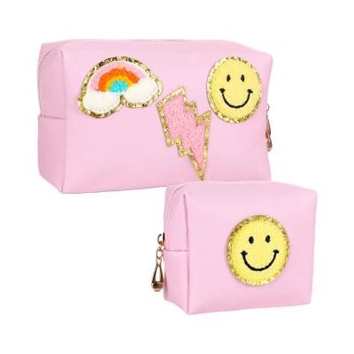 China Big capacity ; Recyclable; FashionToiletry Durable Custom Waterproof Eco-friendly Travel Makeup Bags Cosmetic Bag Rainbow Smile Cartoon PU for sale