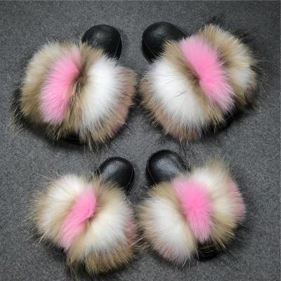 China Anti-Slippery Accept Popular Fox Fur Customized Color Anti-Slippery Slides Kids Fur Slippers Big Women Size Fluffy Sandals Mommy And Me Fur Slides for sale