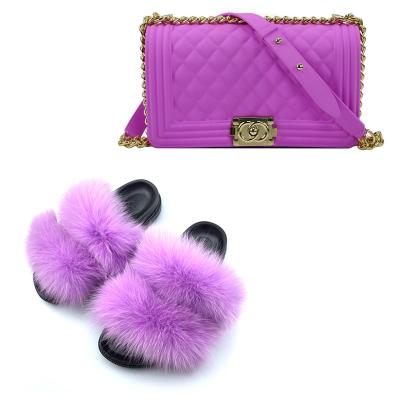 China Large Real Jelly Color Summer Fox Fur Anti-slippery Slips Raccoon Ladies Sandals Fur Slippers Wholesale Anti-slippery Fancy Slippers With Purse Set For Women for sale