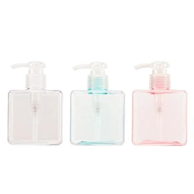 China Cosmetic Customized PETG Square Plastic Bottle 250ml Amber Green Pink Blue Transparent For Shampoo Wash Hand Soap Bottle With Lotion Pump for sale