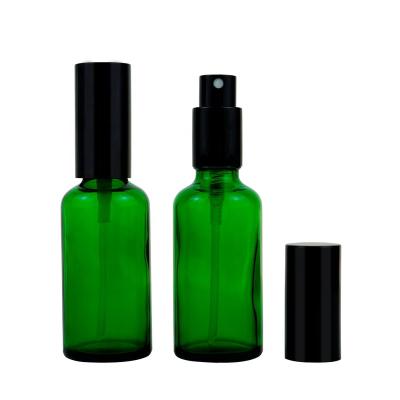 China Wholesale 5ml 10ml 15ml 20ml 30ml 50ml 100ml Green Small Essential Oil Cosmetic Bottle Glass Bottle With Spray Pump 18/410 Full Cover Cap for sale