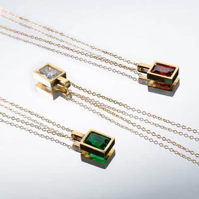 China FASHIONABLE French Square Color Zircon Necklace Stainless Steel Necklace 14K Gold Plated Clavicle Chain for sale