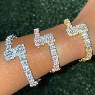 China Hiphop Hip Hop Jewelry Gold Plated Diamond Iced Out Cubic Zirconia Bangle Miami Baguette Women Bracelets Jewelry for sale