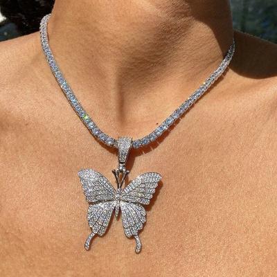 China Rose Gold Silver Hip Hop Hip Hop Fashion Rhinestone Butterfly Necklace Tennis Chain For Women for sale