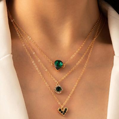 China Diamond Pendant Gold Plated Silver Tasty CZ Layered Romantic Luxury Green Choker Chain Colored Emerald Stone Charm Necklace Women for sale