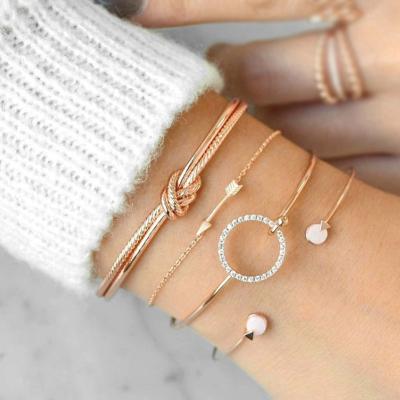 China Romantic Knotted Ring Circle Diamond Arrow Jewelry Geometric Stainless Steel Bracelet Set Four-piece Set for sale