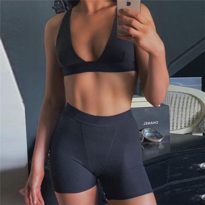 China Breathable Suits Summer Fashion Skinny Sporty Sleeveless Bra And Biker Shorts Set Fitness Women Two Piece Set for sale