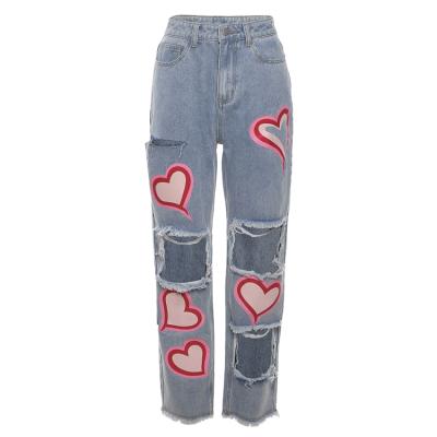 China 2021 Hotsales New Arrival Breathable Hollow Holes Love Pattern High Waist Casual Jeans Women Straight-legging for sale