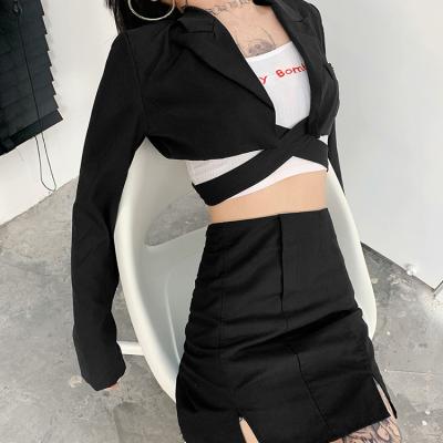 China New Lady Autumn Simple Casual Coat Women's Office Anti-wrinkle Long Sleeve One Button Solid Cross Bandage Suits For Women for sale