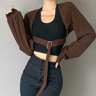 China QUICK DRY Women Fashion Autumn Solid Color Slim Belly Button Lantern Sleeve Cardigan Show Long Sleeve Coat for sale