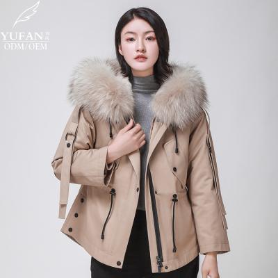 China 2023 YuFan Custom OEM ODM Winter Temperament Fox Fur Hooded Parka Regular Waist Adjustable Drawstring Down Parka for sale