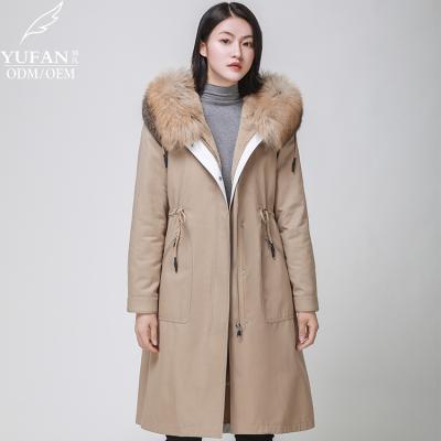 China 2023 YuFan Custom Fox Fur Fox Fur Collar Long Warm Breathable OEM ODM Hooded Down Parka Ladies Temperament Commuter Parka for sale