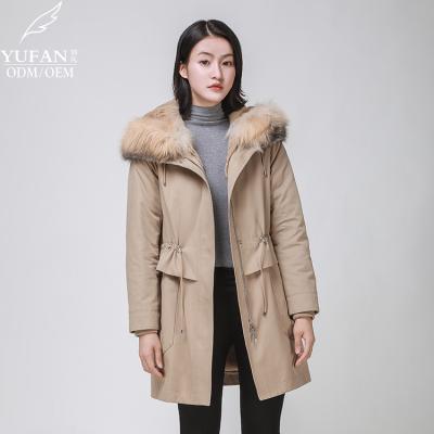 China New 2023 YuFan temperament custom OEM winter breathable ODM khaki down parka coat ladies down jacket windproof warm parka parka for sale