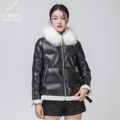 China 2023 Professional Custom Made YuFan OEM ODM Breathable Winter Fur Collar Hooded Down Jacket Ladies Warm Windproof Down Jacket Leather Jacket for sale