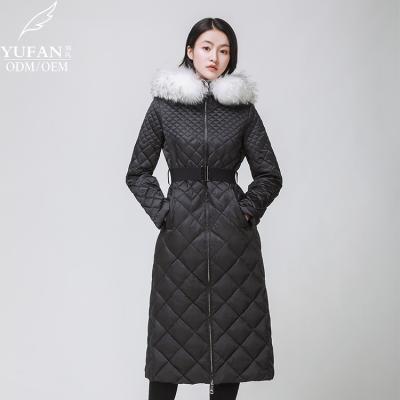 China 2023 YuFan Custom OEM ODM Winter Fox Fur Collar Temperament Breathable Belt Down Coat Best Selling Long Women's Down Jacket for sale