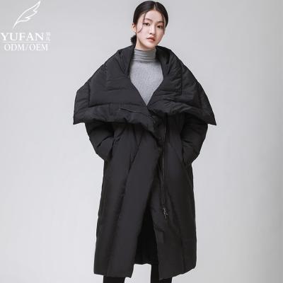 China 2023 YuFan Custom OEM ODM Breathable Winter Long Over-the-Knee Down Jacket Ladies Warm Down Hooded Coat Design Down Jacket Coat for sale