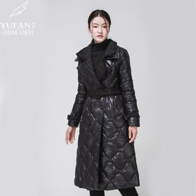 China 2023 YuFan breathable custom OEM ODM suit shiny lapel new down jacket thin coat 90 down coat ladies belt high quality stitched coat for sale