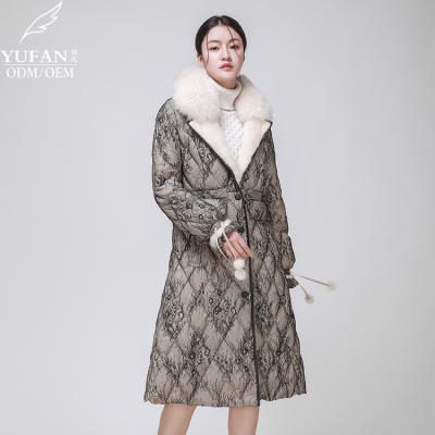 China 2023 YuFan Custom OEM ODM Heavy Industry Fox Fur Collar Breathable Ladies Down Coat Stitched 90 Down Coat Cuff Ball Strap Design Down Coat for sale