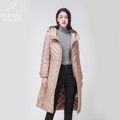 China 2023 YuFan custom OEM ODM winter breathable temperament long hooded down jacket women's belt down jacket high quality hot sale 90 down jacket for sale