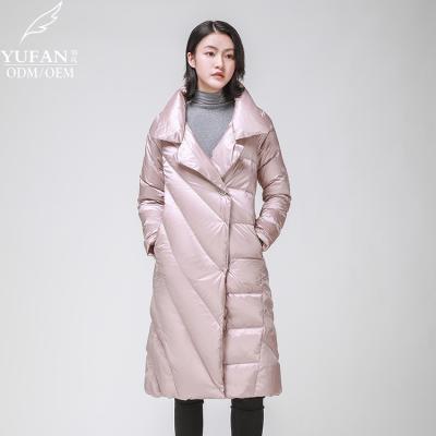 China 2023 YuFan Custom Breathable OEM ODM Winter Multicolor New Long Down Jacket Ladies Lapel 90 Stripper Down Coat Windproof Coat for sale