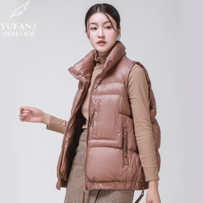 China YuFan Custom 2023 Women's Waterproof Breathable OEM Winter ODM Shiny Pocket Zipper Stand Collar Down Vest and Windproof Down Vest for sale