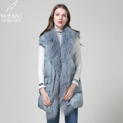 China YuFan Custom OEM ODM Breathable 2023 winter long down vest hooded down vest fashion real striped fur down vest vest for sale