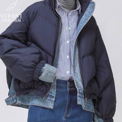 China New Style Breathable Autumn Winter Turn Down Collar Plush Denim Patchwork Women Jacket Splicing Coat for sale