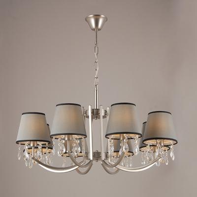 China Modern American Cone Gray Fabric Shades Satin Nickel K9 Luxury Crystal Home Modern Pendant 8 Light Chandelier for sale