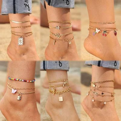 China Newest FASHIONABLE Multilayer Lock Snake Chain Anklets For Women 2021 Trend Gold Butterfly 3Pcs/Set Foot Bracelet Anklets for sale