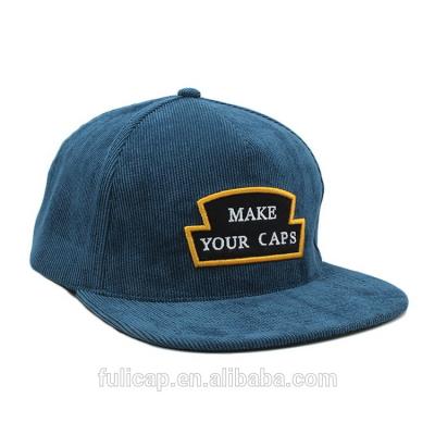 China Blue Corduroy Snapback Hat , Blank Snapback Caps With Custom Woven Label Logo for sale