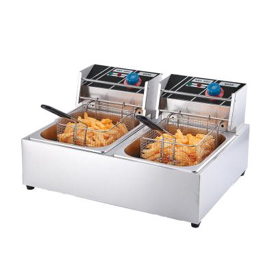 China Fry Snacks Commercial Potato Chip Fryer Electrical Deep Fryer Table Top Stainless Steel French Fries Machine 6L+6L for sale