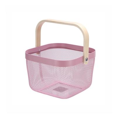 China Sustainable Bathroom Kitchen Storage Baskets With Wooden Handle Hanging Wire Basket Organizer for sale