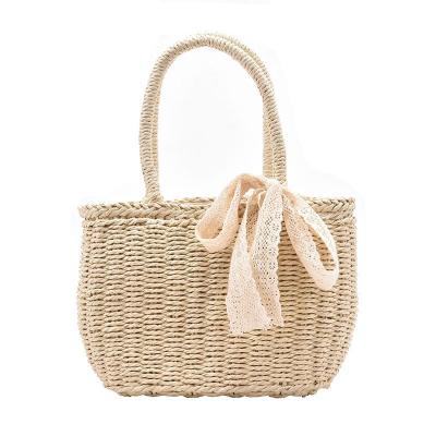 China Fashion New Fashion Straw Bag Woven Bag For Ladies Ribbon Bow Beach Bag Soft Canvas for sale