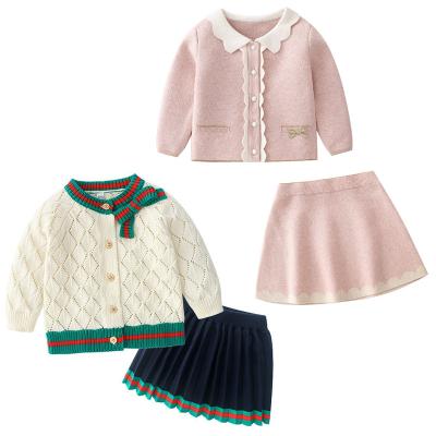 China 2021 fall style pink polyester/cotton children's clothing new little 1-3 year cotton knitted suits cardigan + perfume baby skirt for sale