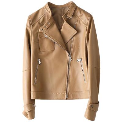 China 2021 Autumn Breathable Sheepskin Spring Motor Jacket Camel Causal Leather Coat For Women for sale