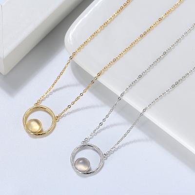 China Vintage S925 Sterling Silver Necklace Moonstone 14K Natural Gold Round Pendant Hollow Jewelry for sale