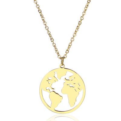 China TRENDY Map Series Stainless Steel Jewelry 18k Gold Plated Hollow Coin Around World Map Earth Pendant Necklace For Women for sale