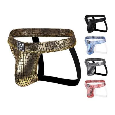 China Sexy Jockmail Jockstraps Brand Faux Shiny Snake PVC Breathable Erotic Underwear Sex T Back Leather Men's Thongs for sale