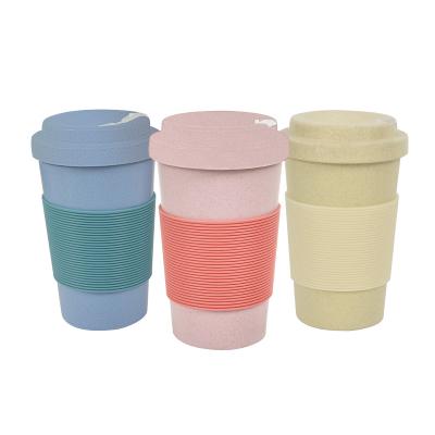 China New Eco-Friendly Sustainable 15Oz Wheat Straw Leakproof Coffee Mug With Silicone Sleeve BPA FREE Reusable Tea Cup Travel Mug for sale